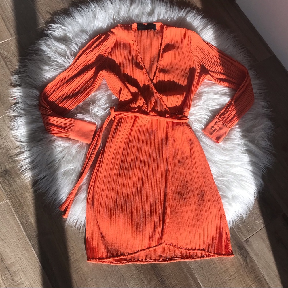 Blessed are the Meek pleated Wrap dress, slit long sleeve, tangerine, size2